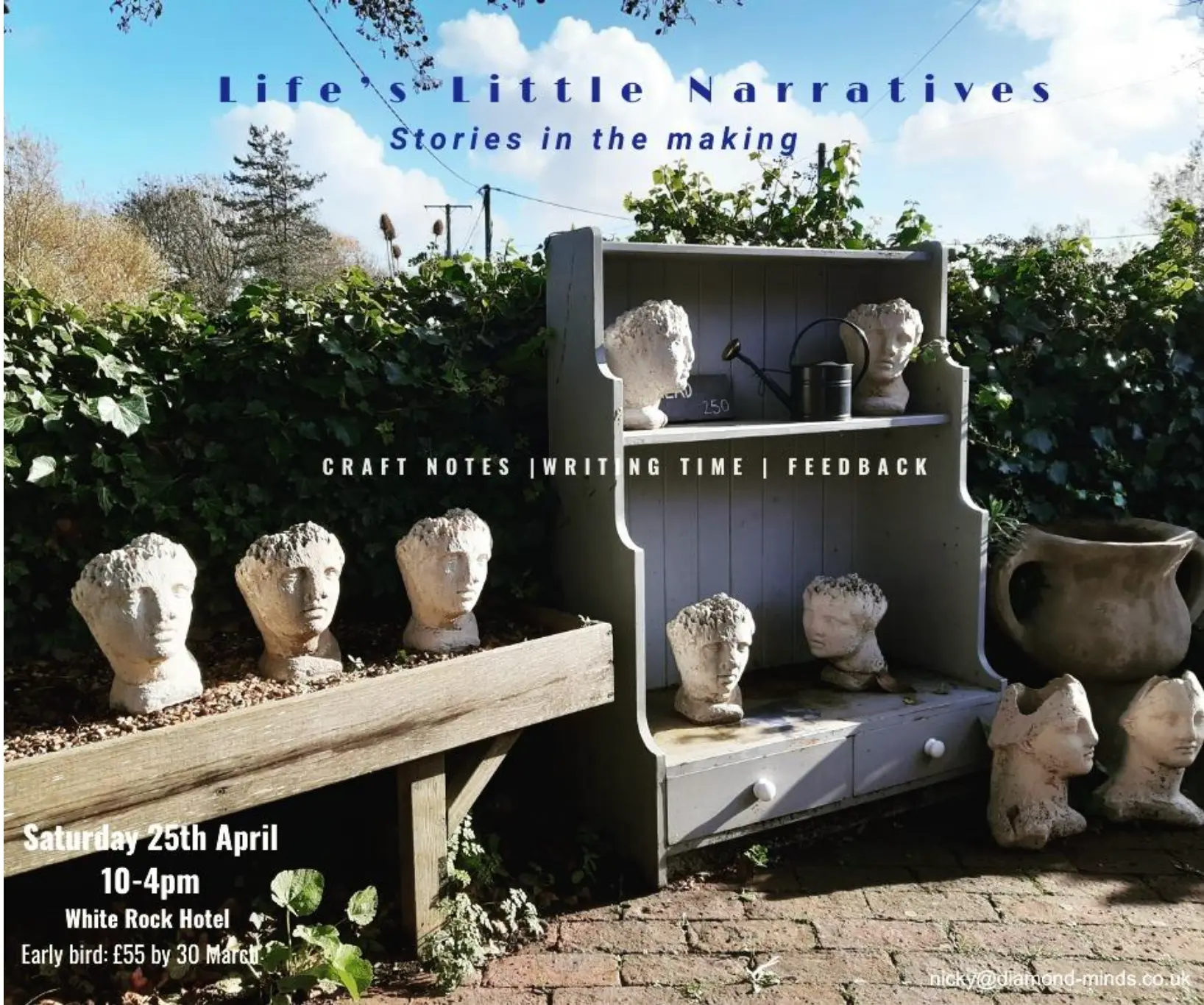 Life's Little Narratives poster: stone heads in a garden, craft notes, writing time, feedback